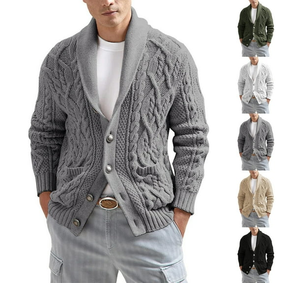 Zimjoy Men's Cardigan Sweaters Button Up Cable Knit Sweater Long Sleeve Shawl Collar Men's Sweater Loose Fit Casual Mens Cardigan Fall Winter Outwear with Pockets, Gray L