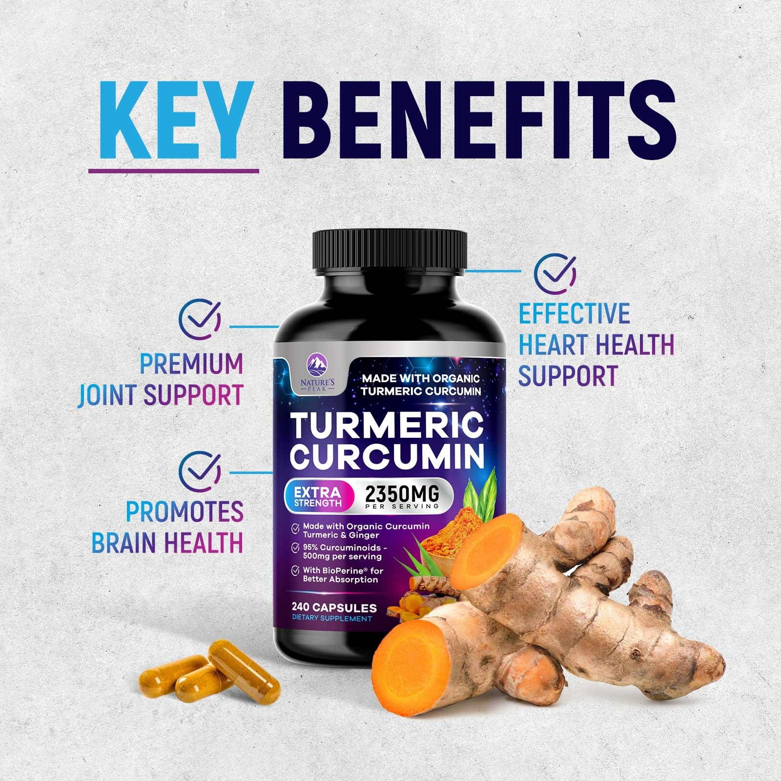 Turmeric Curcumin Supplement - 1750mg Organic Turmeric Per Serving - 95% Curcuminoids, Ginger & BioPerine Black Pepper for Best Absorption - Natural Vegan Joint Support, Bottled in USA - 240 Capsules