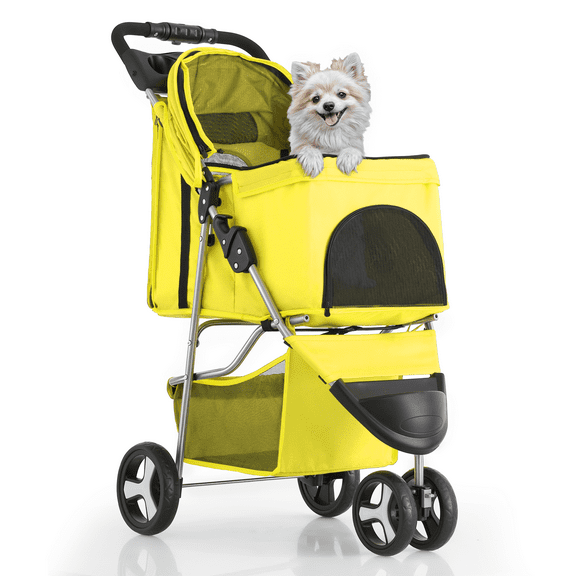 TYUIOP Cat & Dog Stroller, 3-Wheels Foldable Pet Stroller for Medium/Puppy Dogs & Cats, 30 Lbs, Yellow Mesh with Storage Basket & Cup Holder Yellow