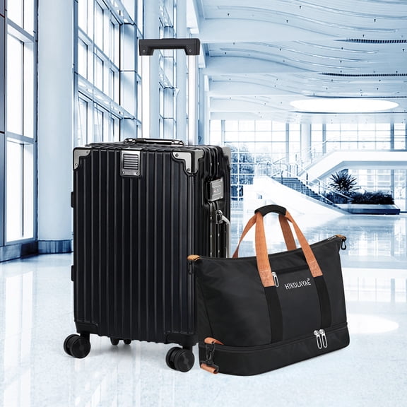 2 Piece Set – 20 Inch Aluminum Frame Carry On Luggage with Travel Bag,Black Hard Shell Suitcase with Spinner Wheels & TSA Lock, Lightweight ABS PC Travel Set