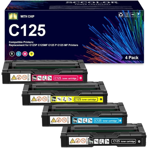 High Capacity C125 Toner Cartridge Compatible for Ricoh 434060 434061 434062 434063 Toner Cartridge Replacement for Ricoh C125P C125MF C125 P C125 MF Printer(Black Cyan Magenta Yellow 4-Pack)