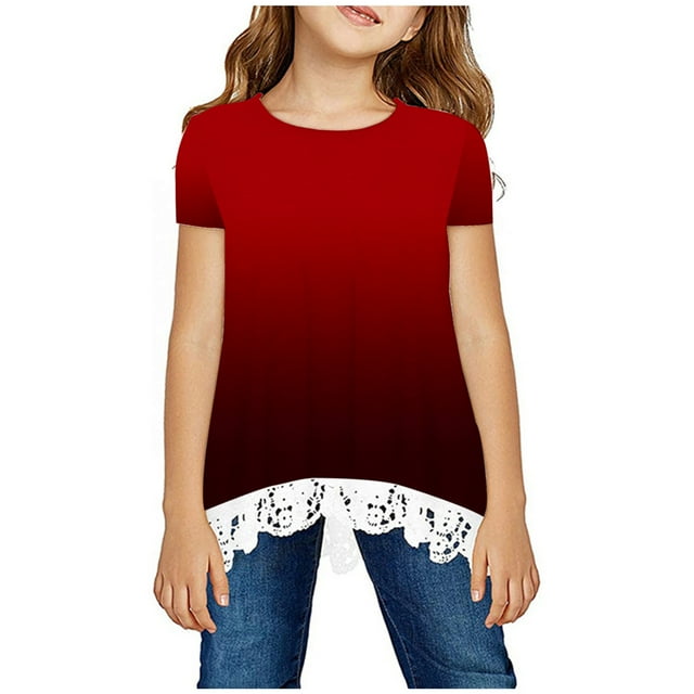 DPTALR Chemise Fille Col Rond Superposé Imprimé Floral Manches Courtes Mignon Blouse Enfants Tee Top en Dentelle