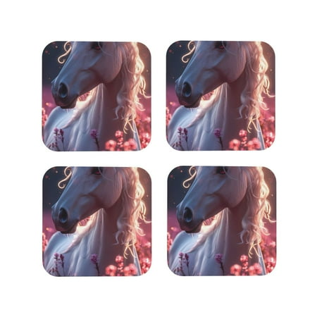 

Fuzoiu Flower White Horse Print Leather Coasters Set Drink Coasters Set of 4 for Tabletop Protection Durable PVC Coasters Home Décor and Housewarming Gift-Square