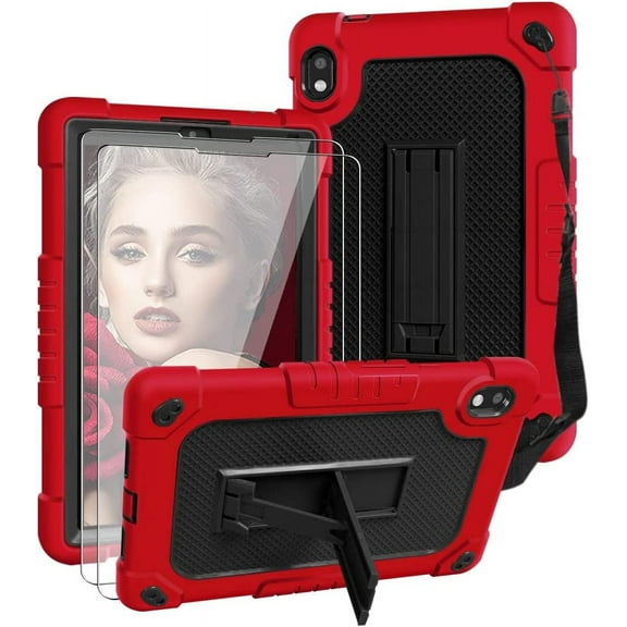 SOATUTO for Orbic Tab 8 inch Tempered Glass Screen Protector Film Come with Hybrid Case Built in Shoulder Strap Kickstand for 8" Orbic Tab 8 5G Verizon / For Orbic Tab 8 5G UW 8" - Red Black/2 Pcs