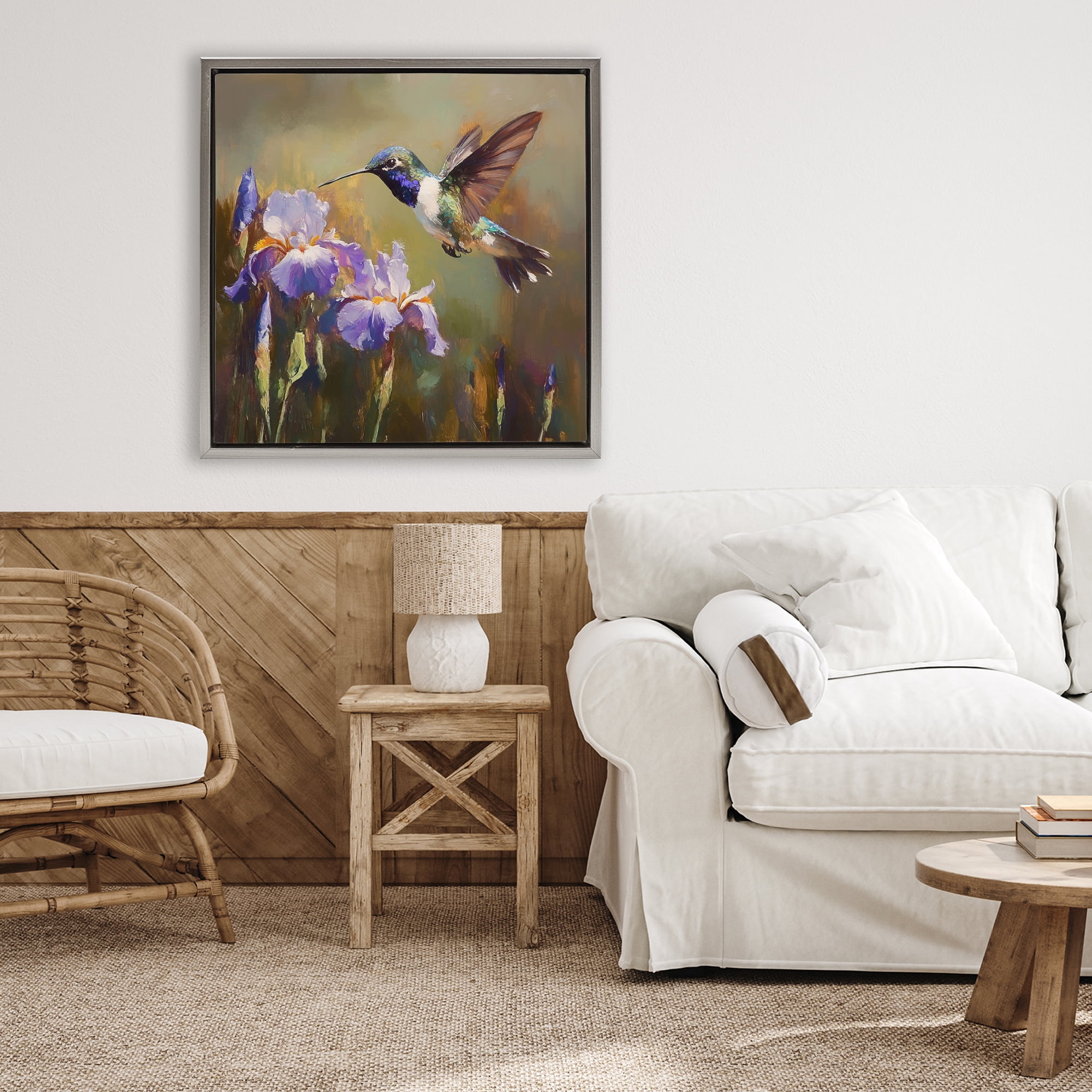 Stupell Industries Hummingbird & Purple Irises Gray Framed Floater Canvas Wall Art, design by Tina LeCour