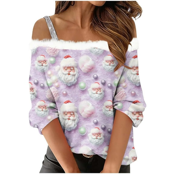 Fall Fashion Must Haves Womens Christmas Tops Casual Christmas Time Shirt 3/4 Sleeve Cold Shoulder Tops Crew Neck Holiday Top Fall Clothes My Items