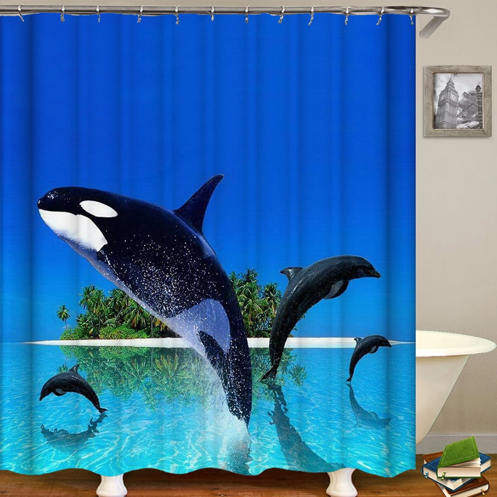 Cartoon Dolphin Undersea Fish Polyester Fabric Shower Curtain Set Bathroom Hooks 
