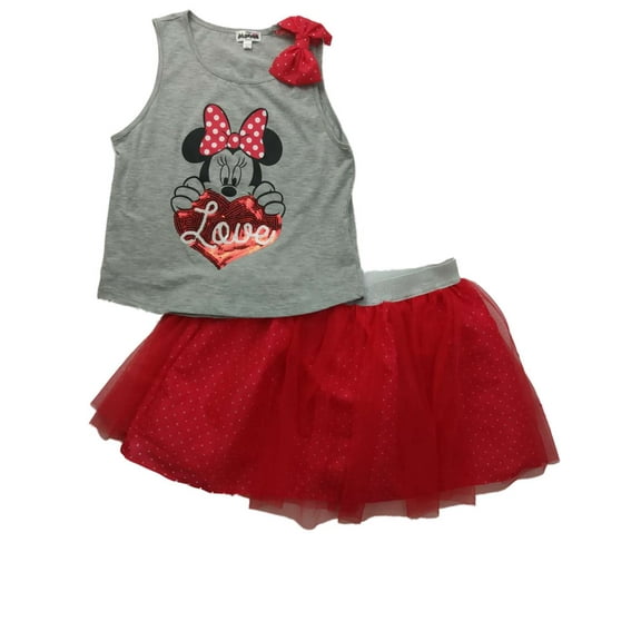 Disney Girls Gray Red & White Minnie Mouse Polka Dot Tulle Tutu Outfit