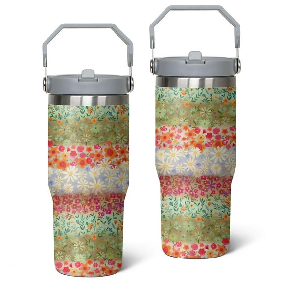 30oz Boho Patchwork Stainless Steel Tumbler with Top Handle,Bohemian Style Colorful Floral Travel Coffee Mug Flip Straw Cup,Gifts for Women Girls Men Adults(grey)