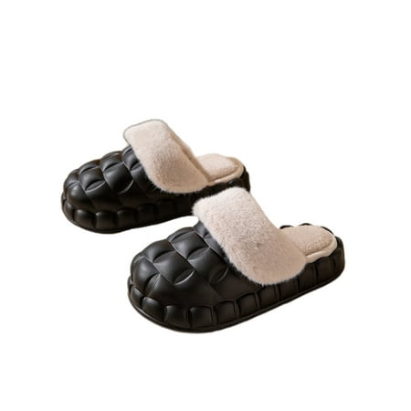 

Difumos Unisex Plush Slippers Slip On House Shoes Fluffy Clog Slipper Winter Warm Anti-Skid Home Shoe Comfort Black 9.5-10