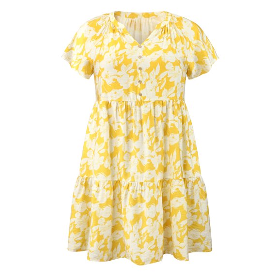 GRACE & GRANDEUR Women's Plus Size Easter Floral Print Dress Button Decor Notch Neck Ruffle Sleeve Tiered Flowy Midi Summer Holiday A Line Dresses with Pockets 1X Yellow
