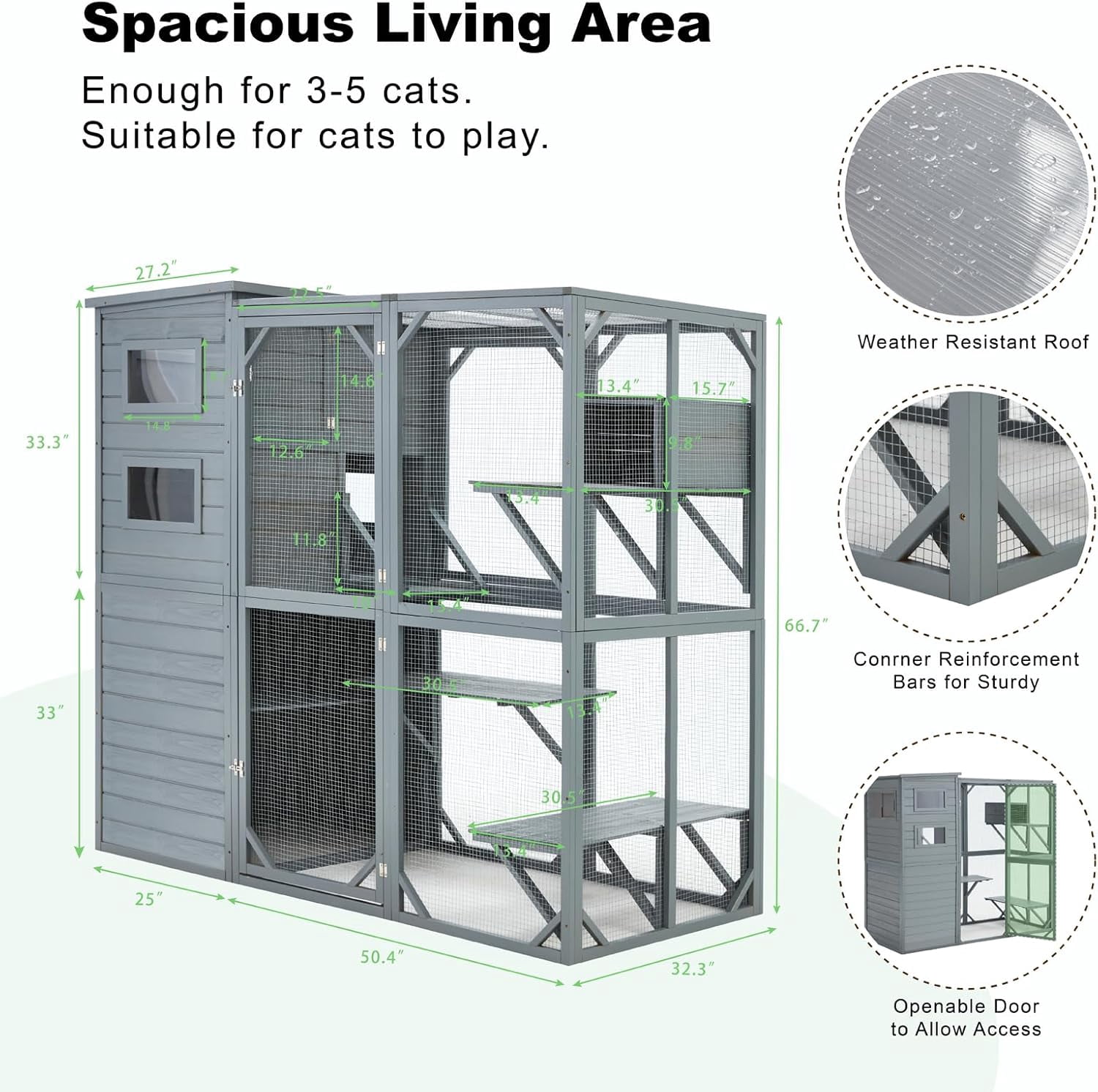Erinnyees Large 4-Tier Cat Enclosure, Outdoor Catio & Indoor Cat House with Weatherproof Roof for Multiple Cats, 4 Rooms, 70"Hx32"Wx77"L, Gray Green