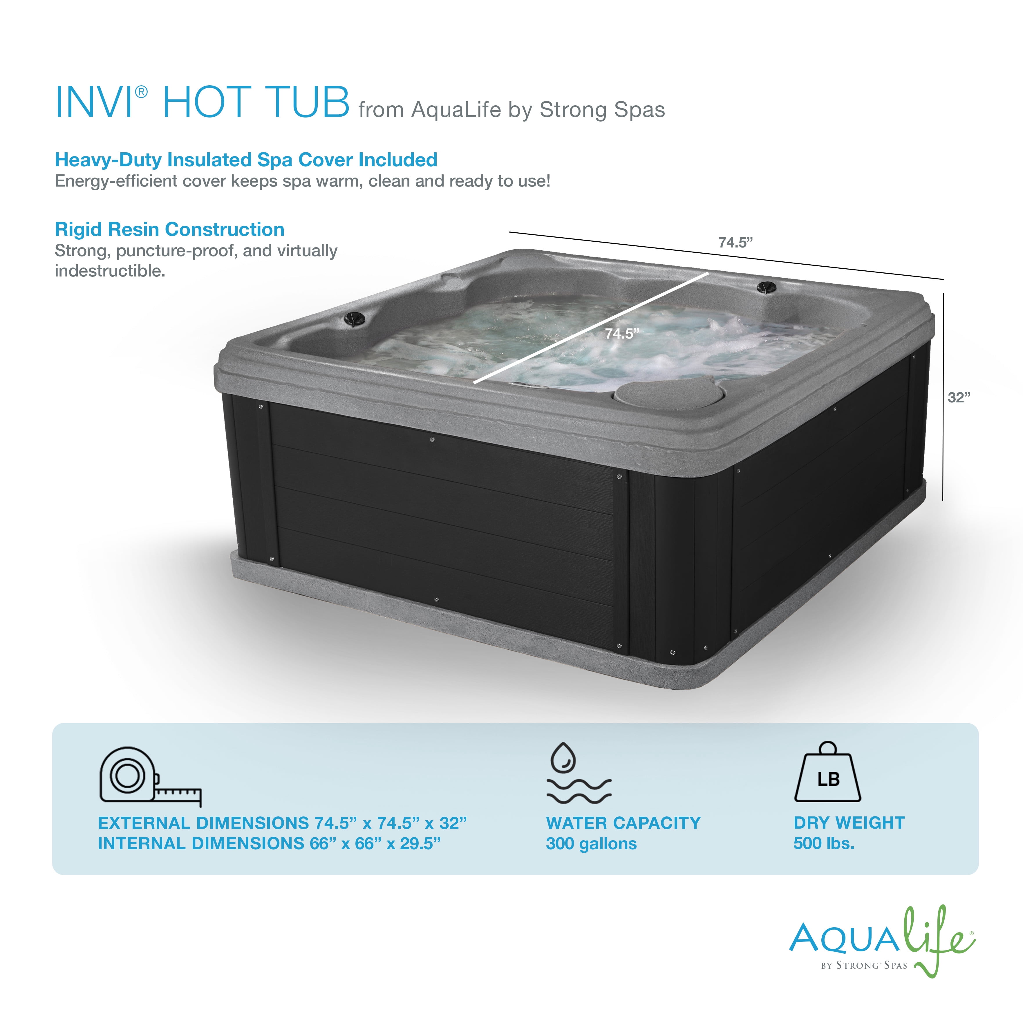 Aqualife by Strong Spas Inland 6 Person Square Hard Side Plug & Play Hot Tub, 24 Jets, Grey and Black