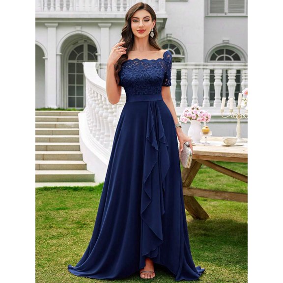 Blue Floral Lace Boat Neck Chiffon Maxi Dress With Ruffle High-Low Hem