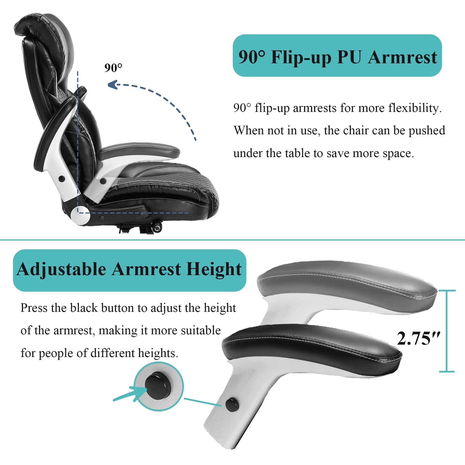 X Xishe Executive Office Chair Ergonomic Desk Chair with Padded Flip-up Arms 500LBS PU Leather Chair with Adjustable Lumbar Support Swivel Rolling Computer Chair for Big and Tall People,Black