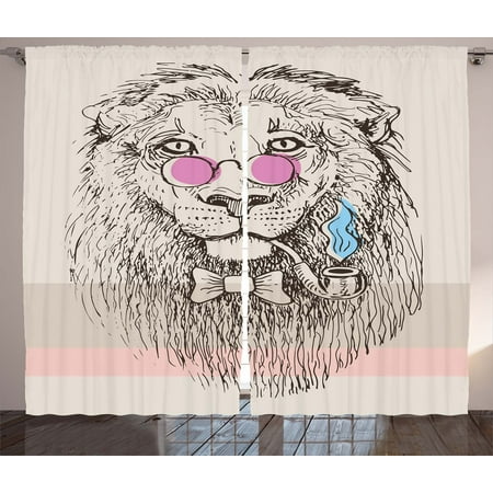 Animal Curtains 2 Panels Set, Magestic Lion Head Hipster Style Glasses Pipes Sketch Print, Window Drapes for Living Room Bedroom, 108W X 84L Inches, Beige Black Baby Blue Light Pink, by