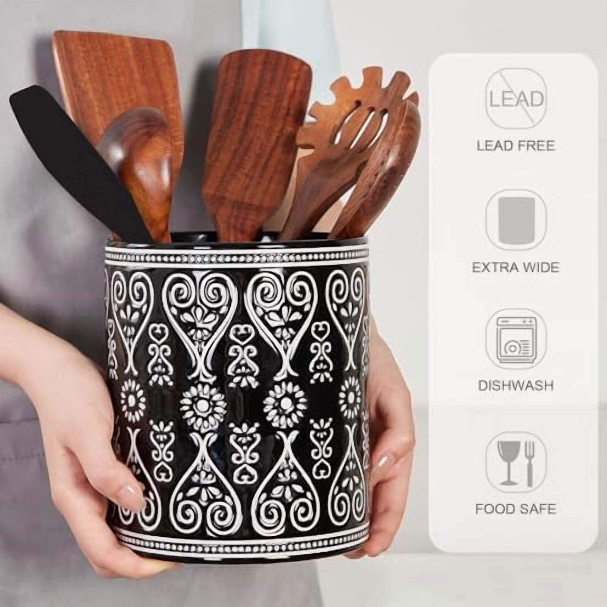 Black Heavy Ceramic Utensil Holder, 7" Extra Large Kitchen Utensil Holder for Countertop, Cooking Ceramic Crock for Farmhouse Kitchen Decor