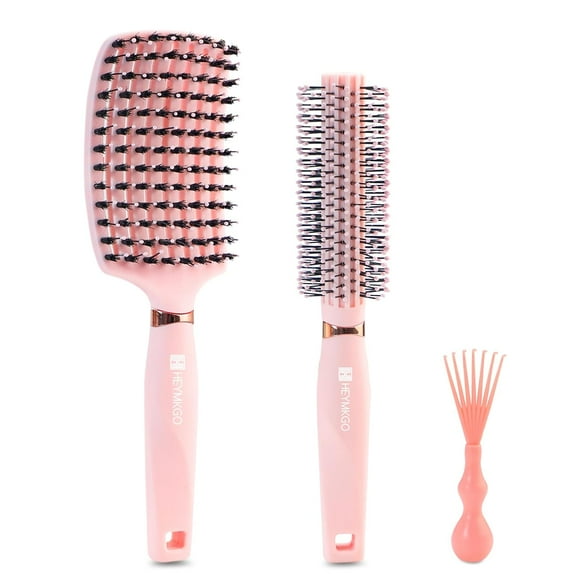 HEYMKGO Hair Brush Set for Women, Curved Vent Boar Bristle Detangling Brush & Round Brush for Wet & Dry Hair, Styling Tools for Blow Drying, Volumizing, Curling, Straightening, Removes Knots, Pink