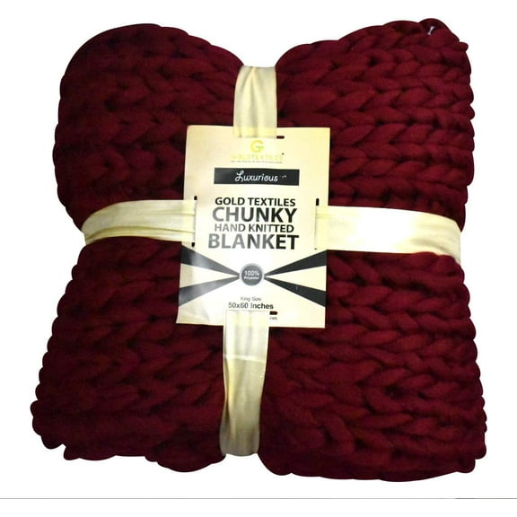GOLD TEXTILES Chunky Knit Blanket 50x60 Warm Soft Cozy for Lounge Sofa & Bedroom Handmade Knitted Yarn Throw Blanket Red Wine