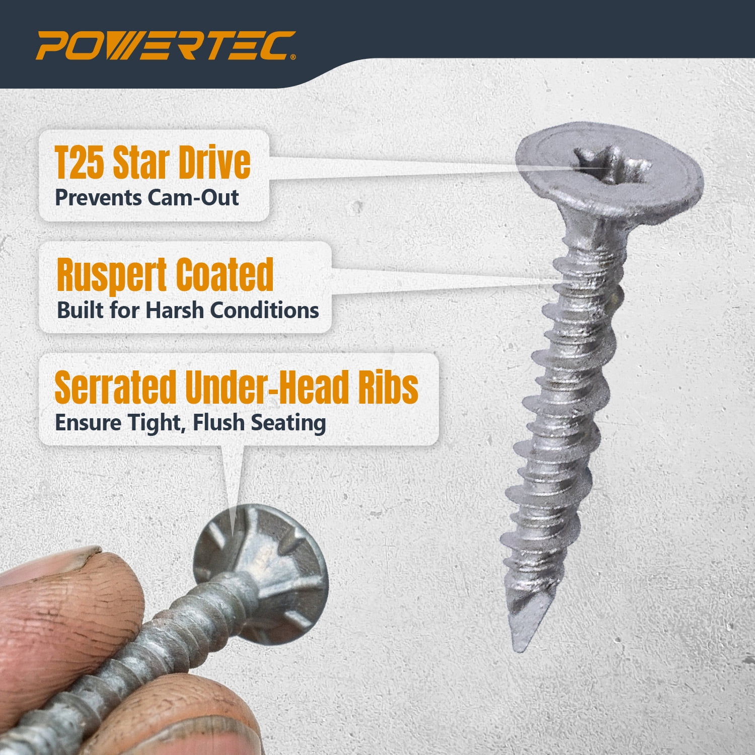 POWERTEC 200PK Cement Screws #8 x 1-1/4″, Ruspert Coated Concrete Screws with T25 Torx Star Drive Bit – High-Low Thread Masonry Screws for Cement Board, Concrete & Brick (72319)