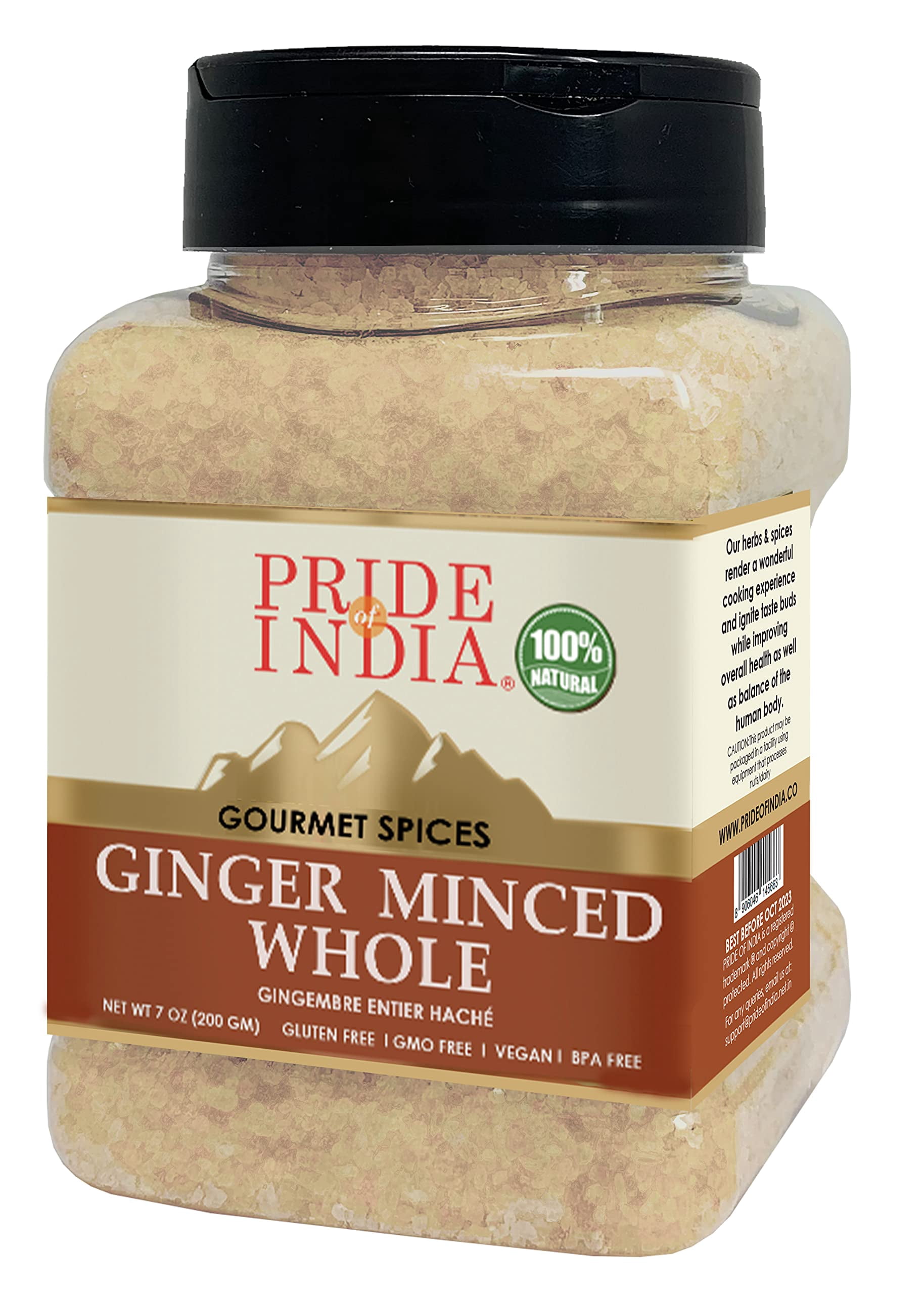 Pride of India - PACK of 6 - Ginger Minced Whole – Gourmet Spice – Rich in Antioxidant – Potent Flavor - Great for Adding Flavor to Stir Fries & Sauces – Easy to Store – 7 oz. Medium Dual Sifter Jar