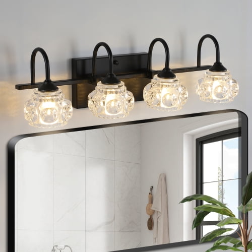 Hi-LIGHTS,Retro 4-Light Bathroom Vanity Light Fixture with Crystal Glass Shades(Bulbs Not Included),Wall Mounted Lighting for Bathroom,Dressing Room,Powder Room and Vanity Mirror(Black)