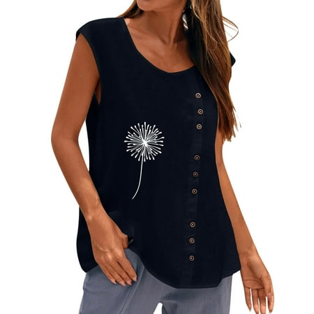 

Fsqjgq Cotton Tunics for Women Sleeveless Dandelion Printing Casual Summer Button Vest Round Neck Loose Blouse Top Tank Corset Top Women Polyester Navy S