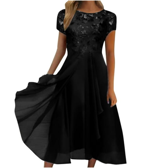 Formal Dresses For Women Women Sexy Solid Short Sleeve Round Neck Lace Chiffon Mesh Waist Party Dresses Black XXXL
