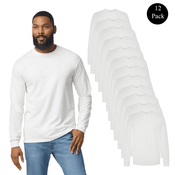 Gildan Men's Heavy Cotton Long Sleeve T-Shirt, Comfortable Crew Neck Casual White Tee, 12 Pack, S