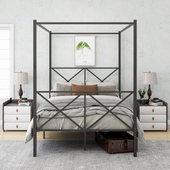 Metal Canopy Bed Frame Platform Bed Frame  with X Shaped Frame Full Black