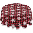 thumbnail image 1 of Round Tablecloth Snowflakes On Buffalo Plaid Christmas Polyester Tablecover 60 Inch with Lace Design, Anti-Wrinkle and Smooth Table Cloth for Kitchen/Home Decoration, 1 of 8