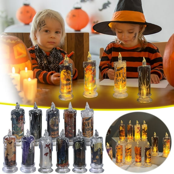 CASAFUN Halloween Flameless Flickering Candles, Battery Operated Real Wax Electric LED Halloween Fake Pillar Candles with Castle,Witch,Skull for Indoor Window Table Halloween Thanksgiving Decor