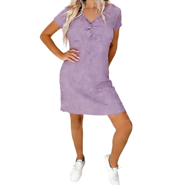 Elegante Vestido Corto con Cuello en V de Manga Corta Diseño de Moda Casual para Primavera Verano, Pantalones Cortos de Vestido de las Mujeres para el Uso Diario