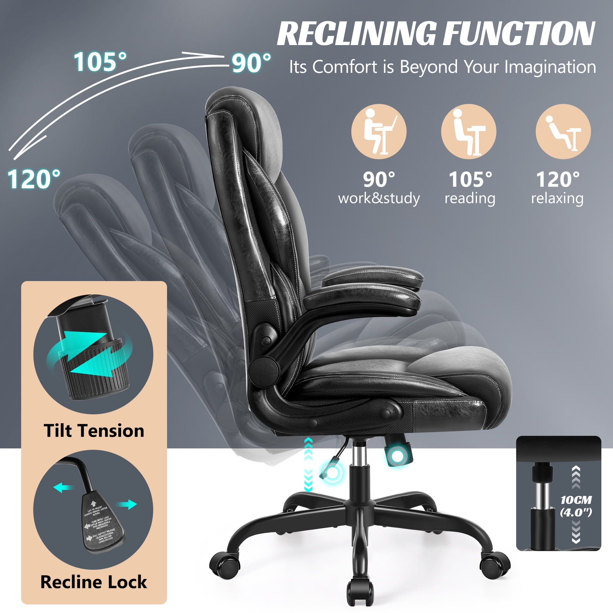 ATHOPE Executive Office Chair, Leather Office Chair with High Back Flip Up Armrests, Height Adjustable Comfy Desk Chair with Wheels, Ergonomic Computer Chair, Black