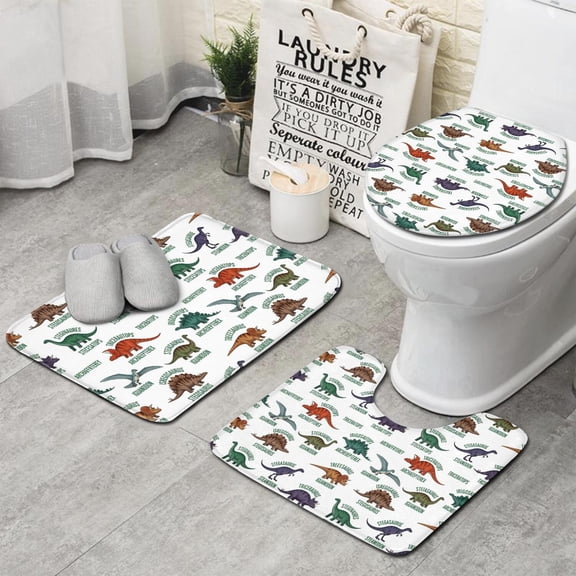 White Cartoon Dinosaurs Names Pattern Bathroom Rugs Sets 3 Piece,Toilet Cover Set,Absorbent Non Slip Bathroom Mats Sets with U-Shaped Contour Rug Toilet Rug Set