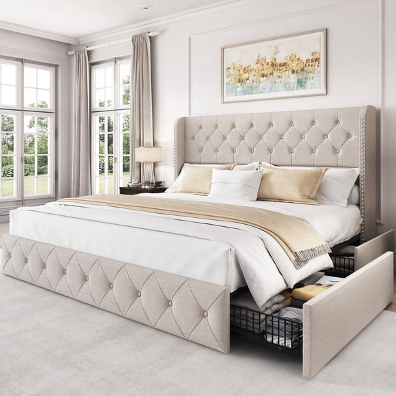 Breltam King Size Bed Frame with 4 Storage Drawers, Wingback Tufted Headboard, LED Lights, Beige Linen Velvet Upholstered Platform Bed, No Box Spring Needed