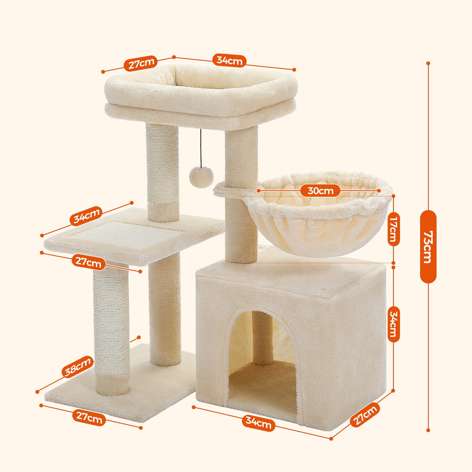 PAWZ Road Cat Tree 28.3" Cat Tower with Large Basket Top Perch and Scratching Posts Pad for Indoor Cats, Beige
