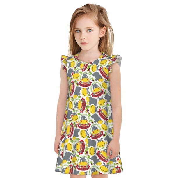 Fotbe Hippopotamus Vestido de Dormir para Niñas de 3 a 10 Años, Mangas Cortas, Estilo Princesa, Pijama Camisón con Mangas Voladas-X-Large