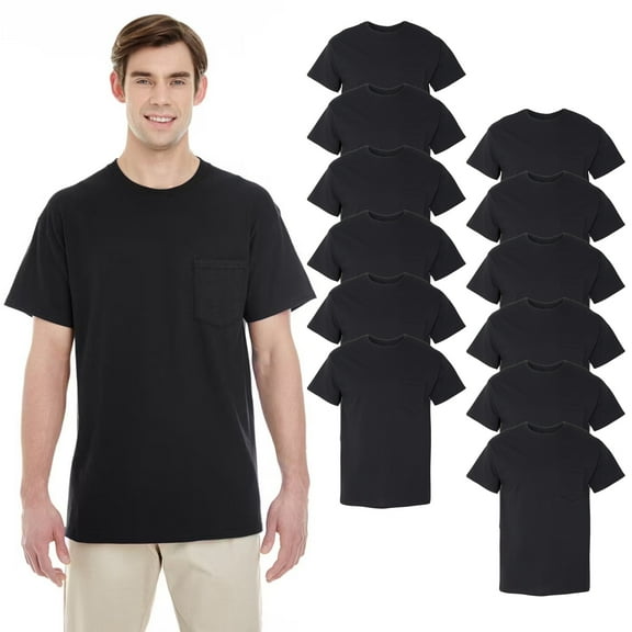 Gildan Men's 12-Pack Pocket T-Shirt, Crew Neck Short Sleeve Black Color Bulk Cotton Tee, Size S-3XL