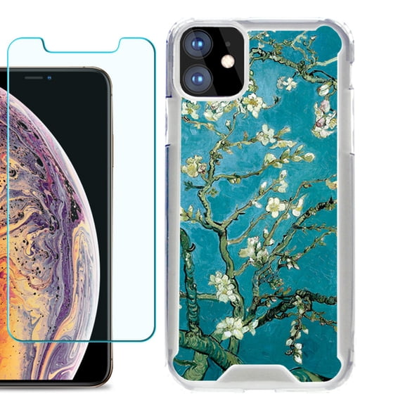 For Apple iPhone 11 Case, Hybrid Bumper Phone Case, with Tempered Glass Screen Protector, by OneToughShield ® - Almond Blossom