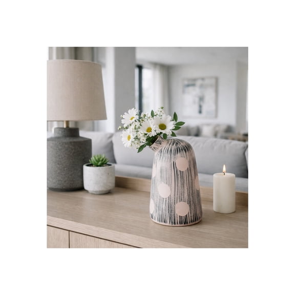 Strped Cylinder Vase for Living Room Decor - Ceramic Flower Vase for Home and Office Display - Modern Stoneware Accent with Polka Dot Design for Bedroom, House, and Console - 11", Beige & Black