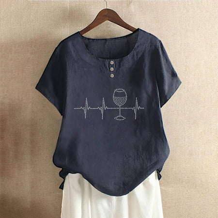 

Women Summer Linen Cotton T-shirt Casual Short Sleeve O-Neck Loose Tee Cute Print Fashion Plus Size Button Blouse