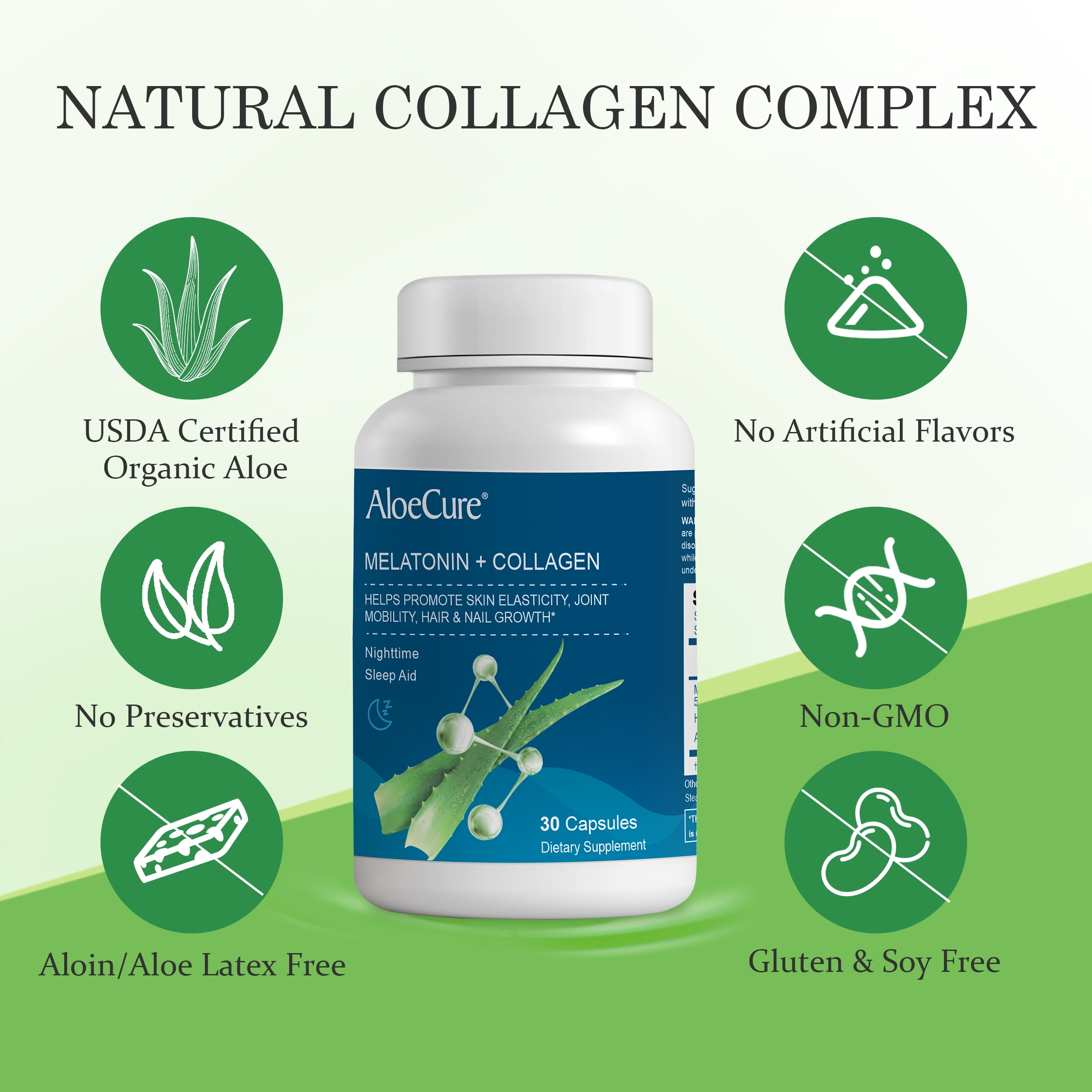 AloeCure Natural Melatonin + Collagen with Organic Aloe Vera - Natural Sleep Aid Supplement for Restful Nights - Collagen Complex for Joint Strength, Skin Elasticity, Hair & Nail Growth, 30 Caps x 6