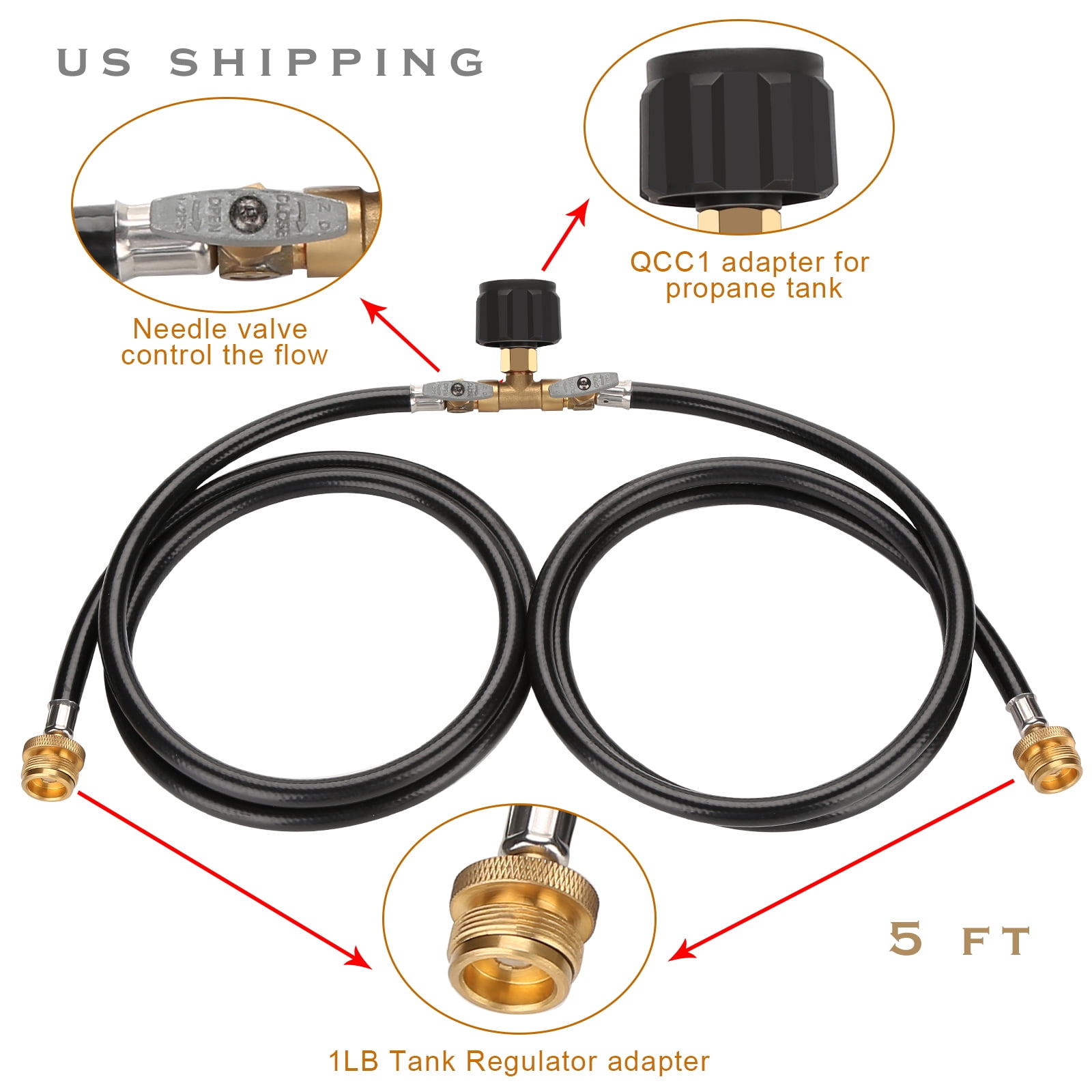 WADEO 5 Feet 2 Ways Y Splitter CGA Propane Converter Adapter Hose for ...