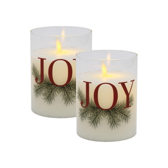 LumaBase Battery Operated LED Glass Candles with Moving Flame, JOY - Set of 2