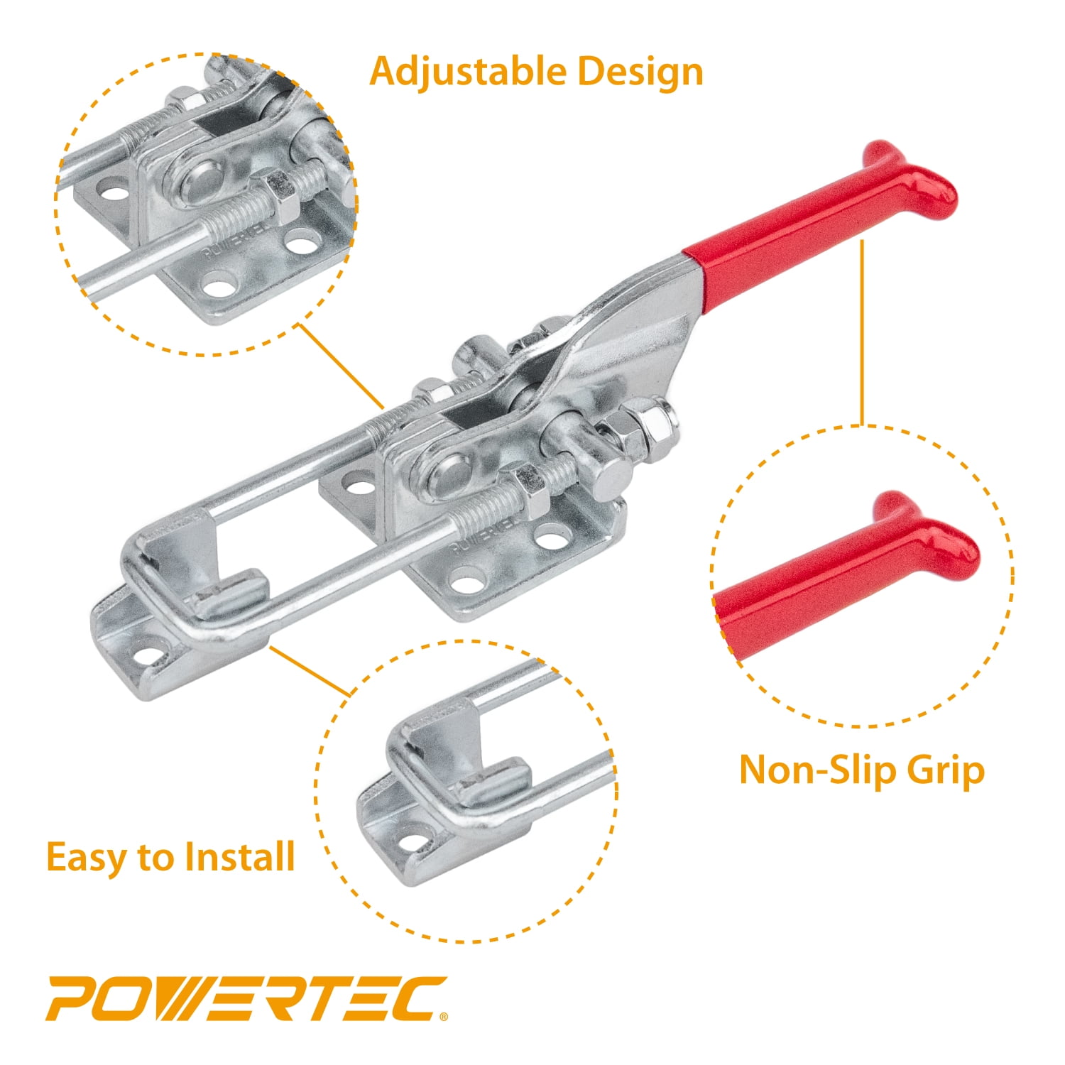 POWERTEC 4PK Toggle Clamp, 700 lbs Holding Capacity, 431 Adjustable U Bolt Latch w/Antislip Hand Grip for Woodworking Jigs & Fixtures, Smoker, Tire Carrier, Tool Box, Cabinet, Truck (20307-P4V)