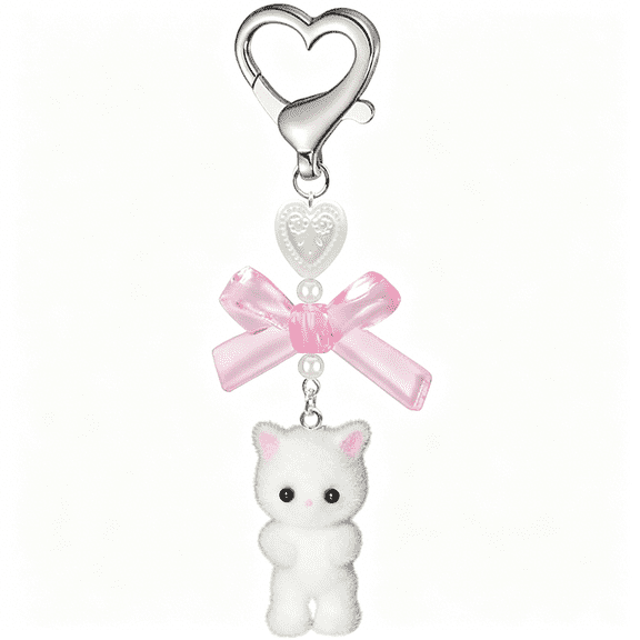 DESIGNICE Cute Kitty Keychain,Fuzzy Cat Decor Gifts,Y2K Heart Bow Pendent Women Girls Kawaii Cat Bag Charm