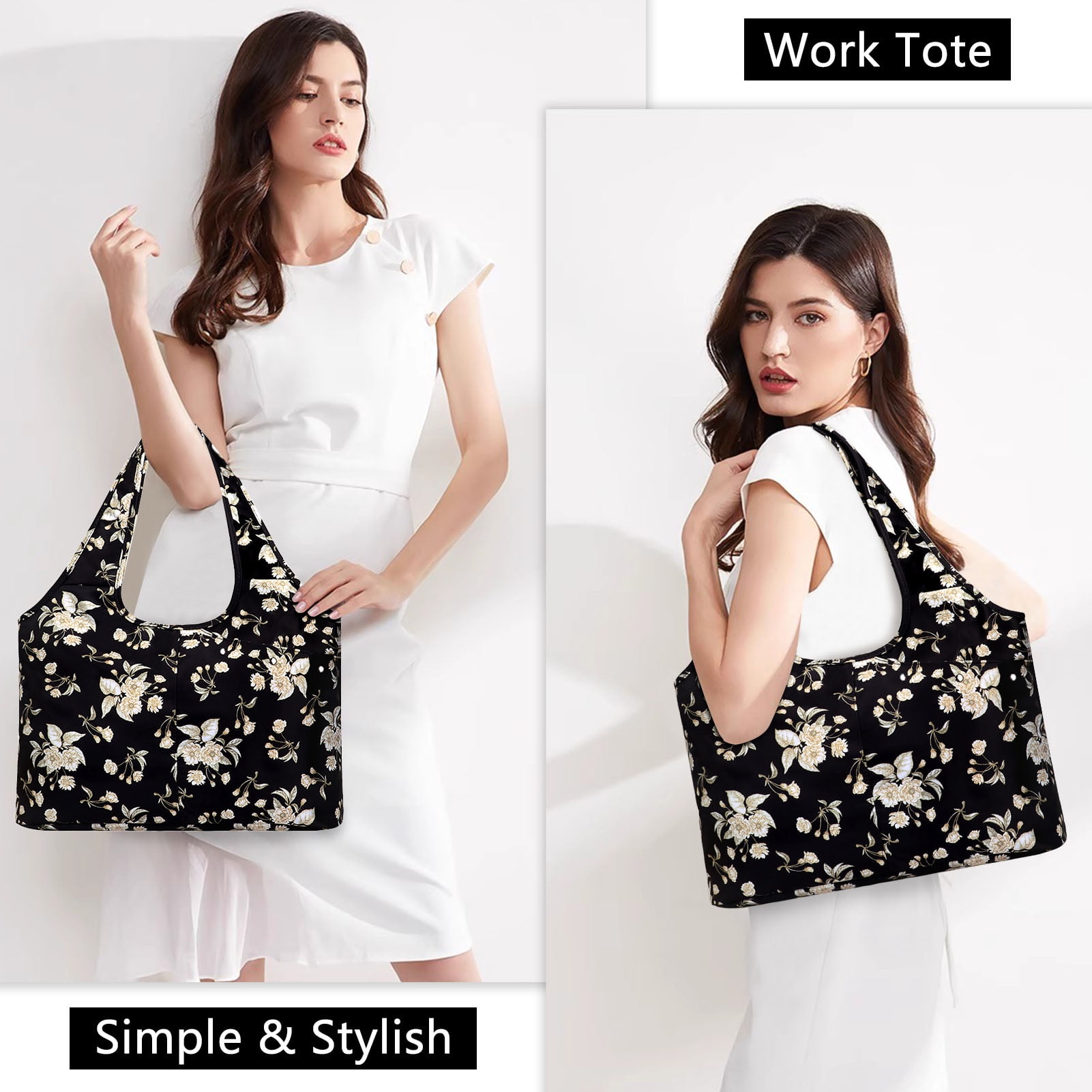 HAWEE Floral Tote Bags for Women Zipper Closure Utility Work Shoulder Bag with Laptop Sleeve Wet Umbrella Pocket, Beige Flower