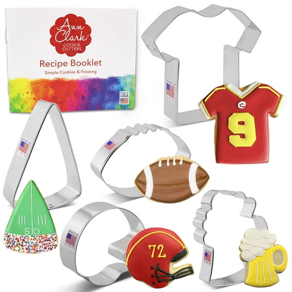 Football Cookie Cutters 5-Pc. Set Made in the USA by Ann Clark, Football, Helmet, Jersey, Beer Mug, Centerpiece Wedge