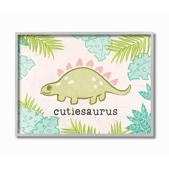 Stupell Industries Cutiesaurus Dinosaur Kids Pink Green Design Animals & Insects Painting Gray Framed Art Print Wall Art, 16 x 20